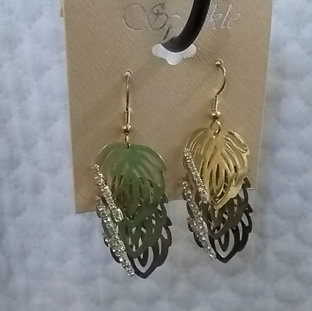 NWT Women's Gold Leaf Dangle Earrings with Rhinestone Embellishments